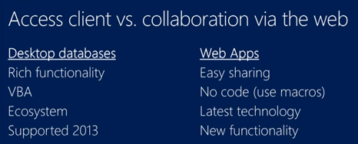 Access client versus web apps comparison illustrating Microsoft Access web application technology.