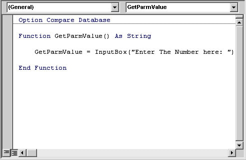 Code Window in VB 4 Microsoft Access VBA code window displaying Option Compare Database and GetParmValue function.