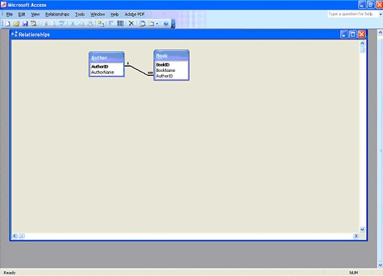 Microsoft Access Relationships diagram showing Author and Book tables linked by AuthorID field