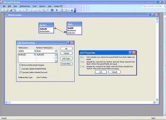 Microsoft Access diagram of Author and Book tables linked by AuthorID field, illustrating parent-child relationship.