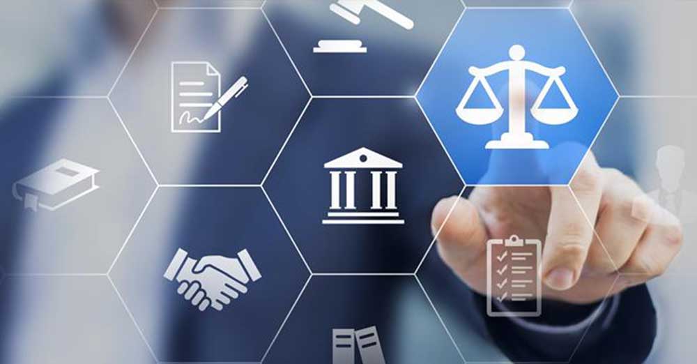 Legal icons and scales of justice representing case management solutions and legal services.