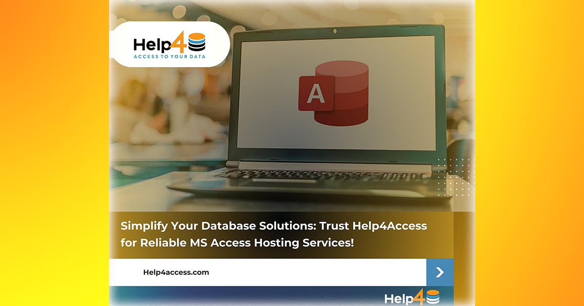 Laptop displaying Microsoft Access database and Help4Access branding, illustrating Access database solutions and hosting services.