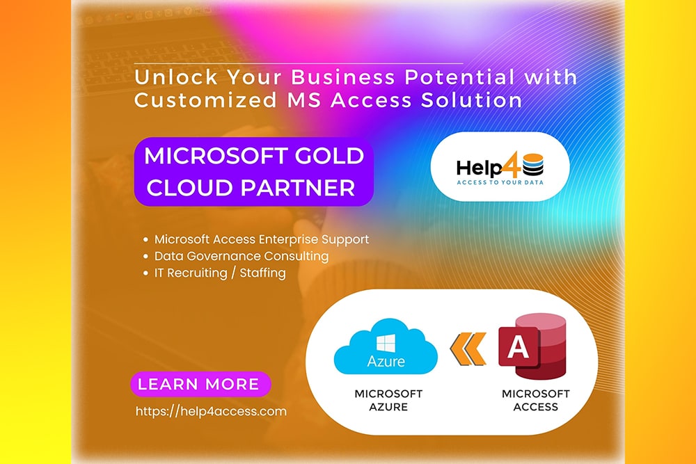 Customized MS Access solution unlocking business potential and data governance consulting with Help4Access and Microsoft Gold Partner logos