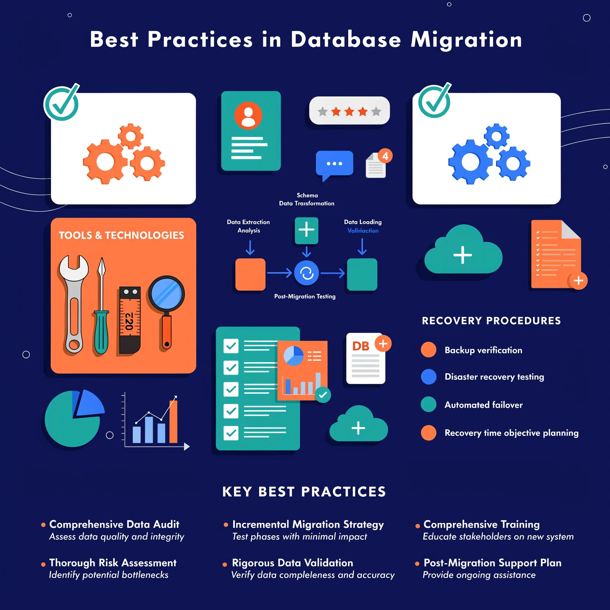 Database migration best practices diagram illustrating data extraction, schema conversion, and recovery procedures.
