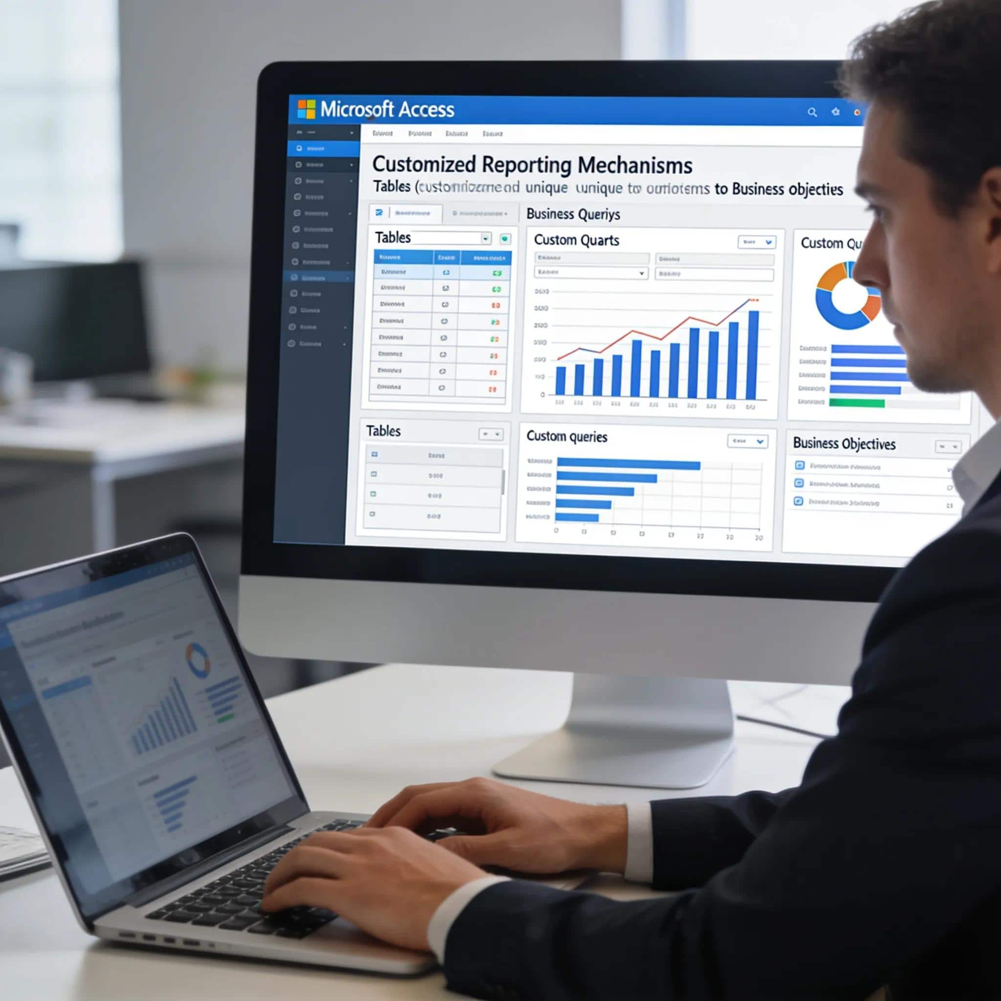 Microsoft Access database interface and custom queries for business objectives.