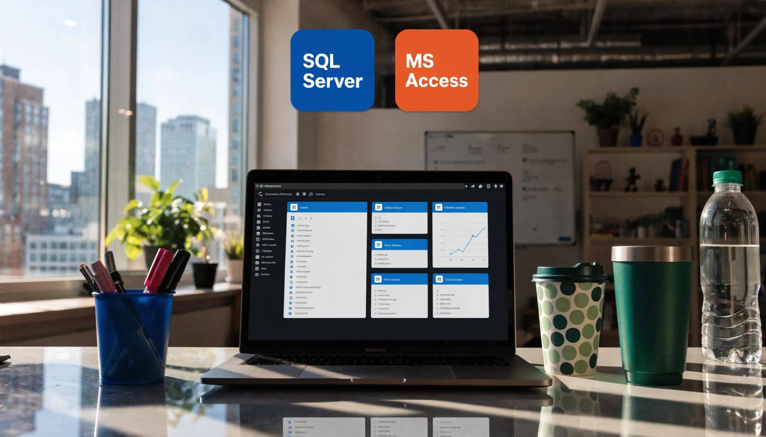 Laptop displaying SQL Server and MS Access integration with ODBC driver.