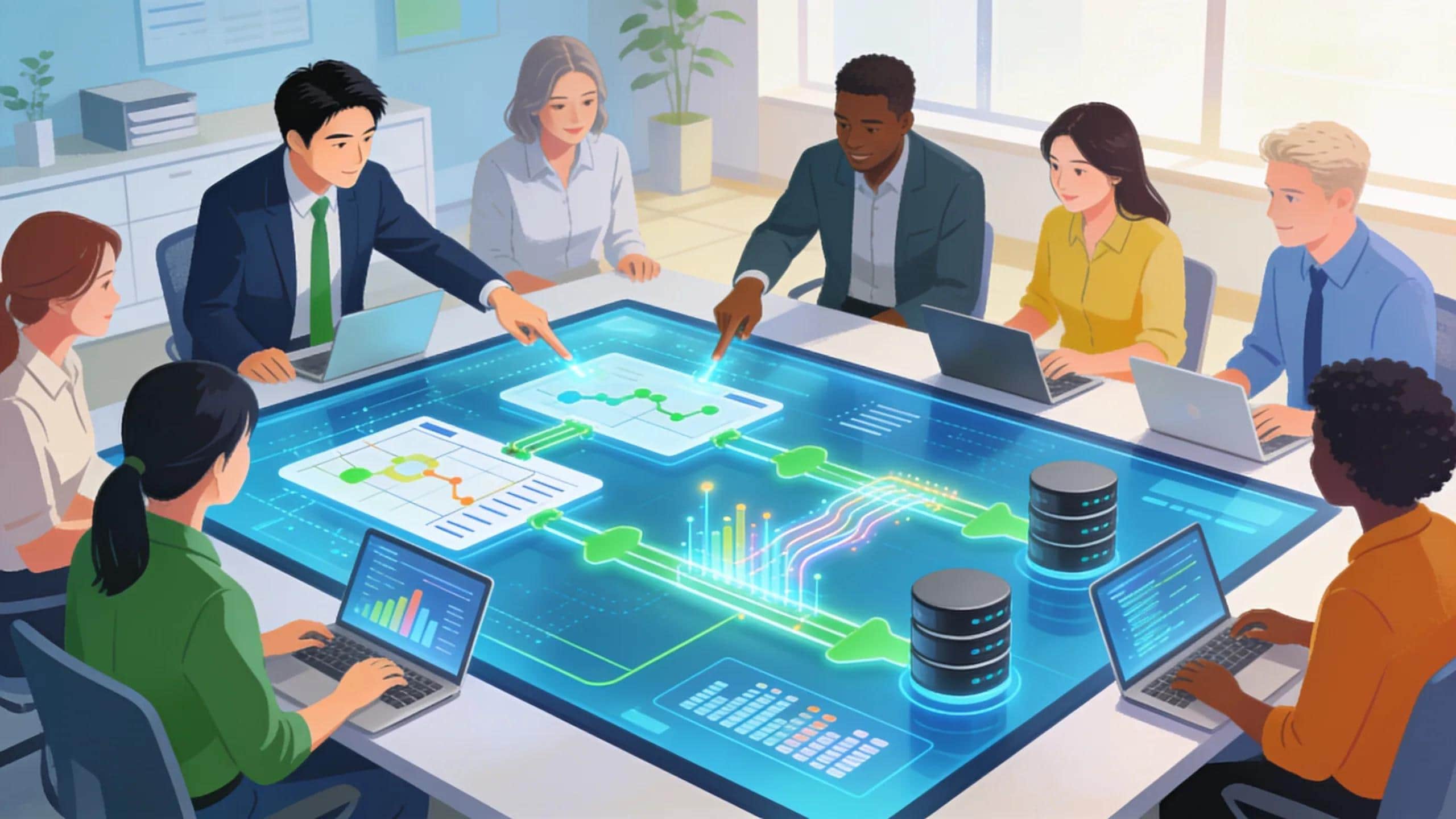 Business team collaborating on AI database migration strategy and modernizing legacy systems.