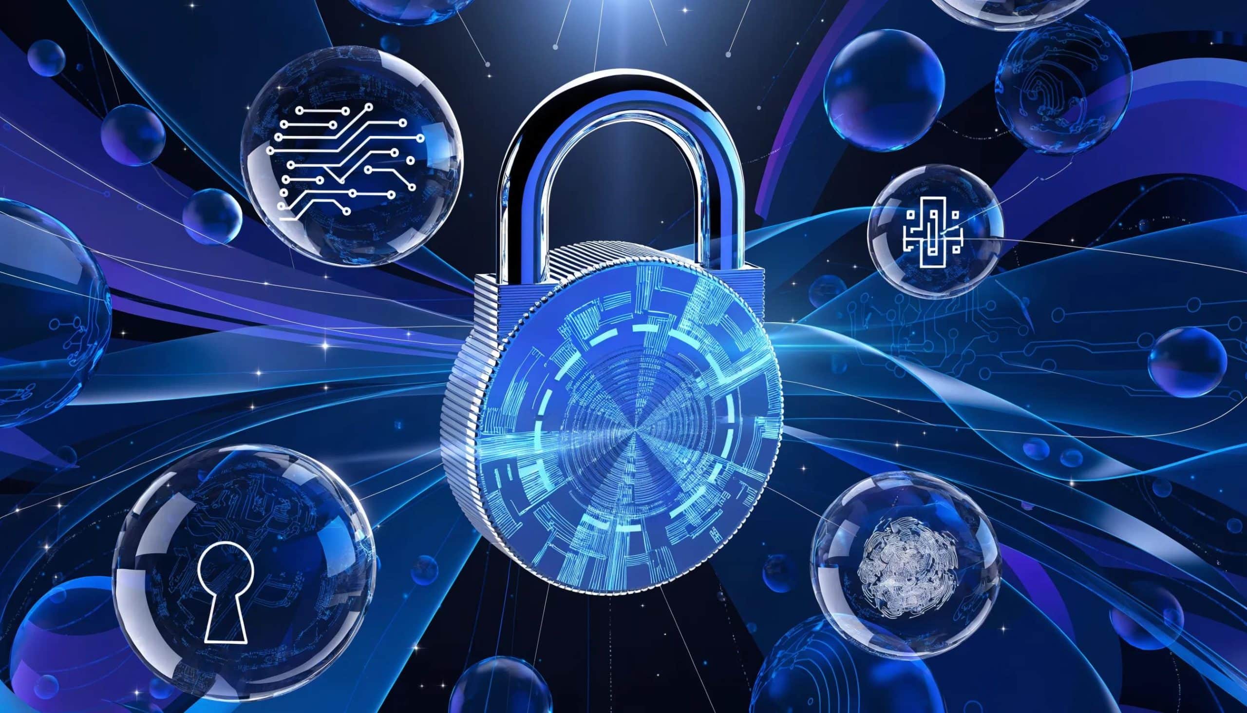 SQL Server security features and data protection with padlock and digital icons.