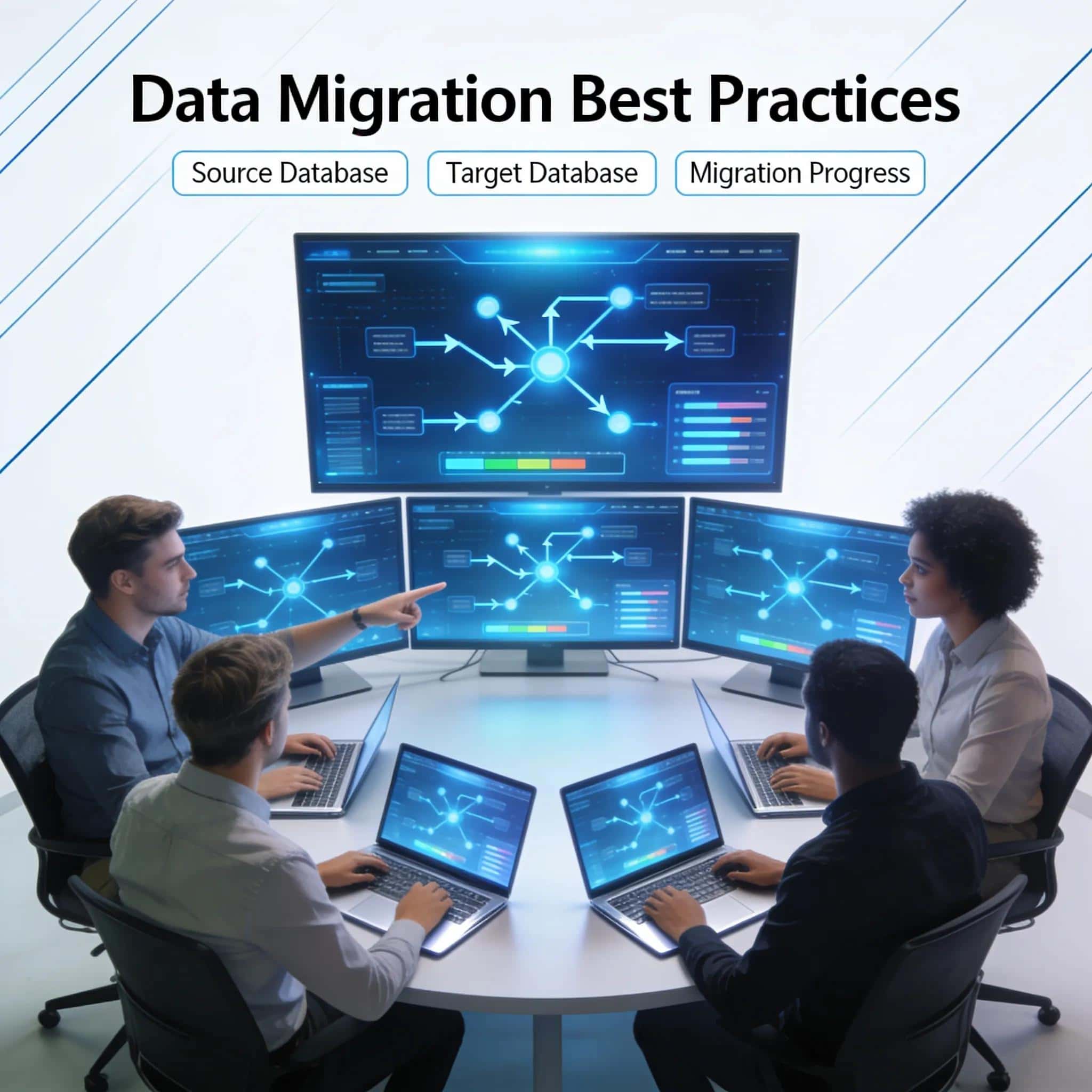 Data migration best practices illustrating source and target databases and migration progress.
