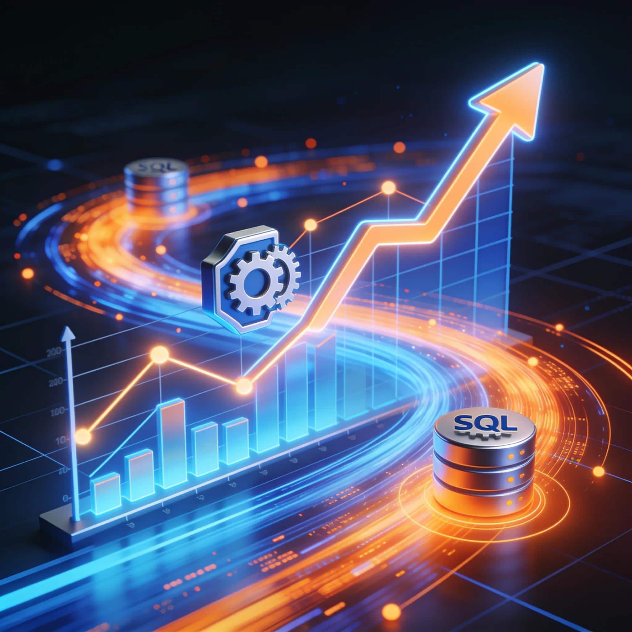SQL Server database optimization and performance tuning with upward trending graph and gear icons.