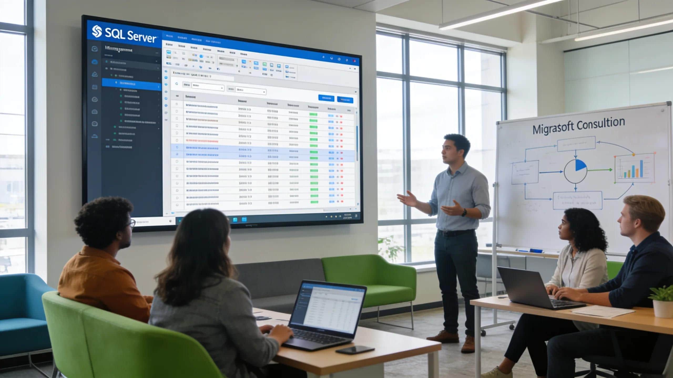 SQL Server database consultation in a modern office setting with a presentation and team discussion.