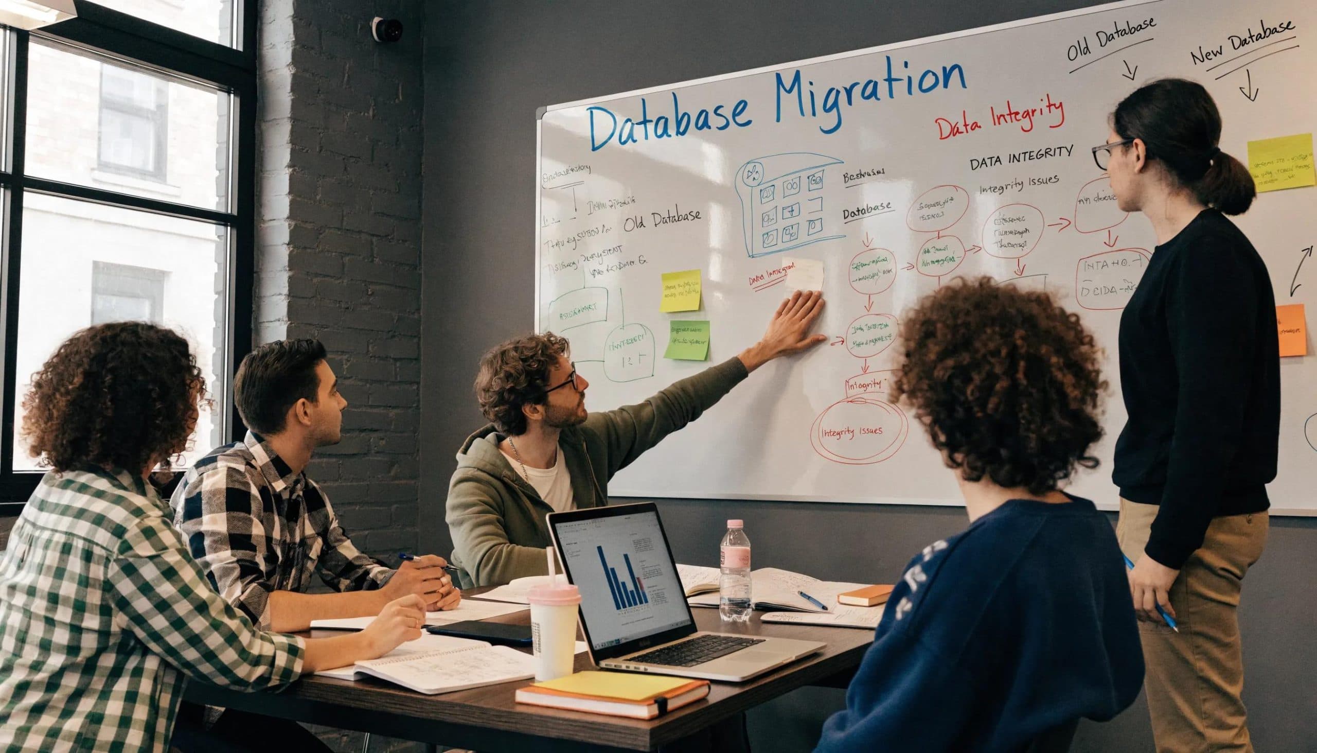 Team discussing database migration strategy and data integrity on whiteboard.