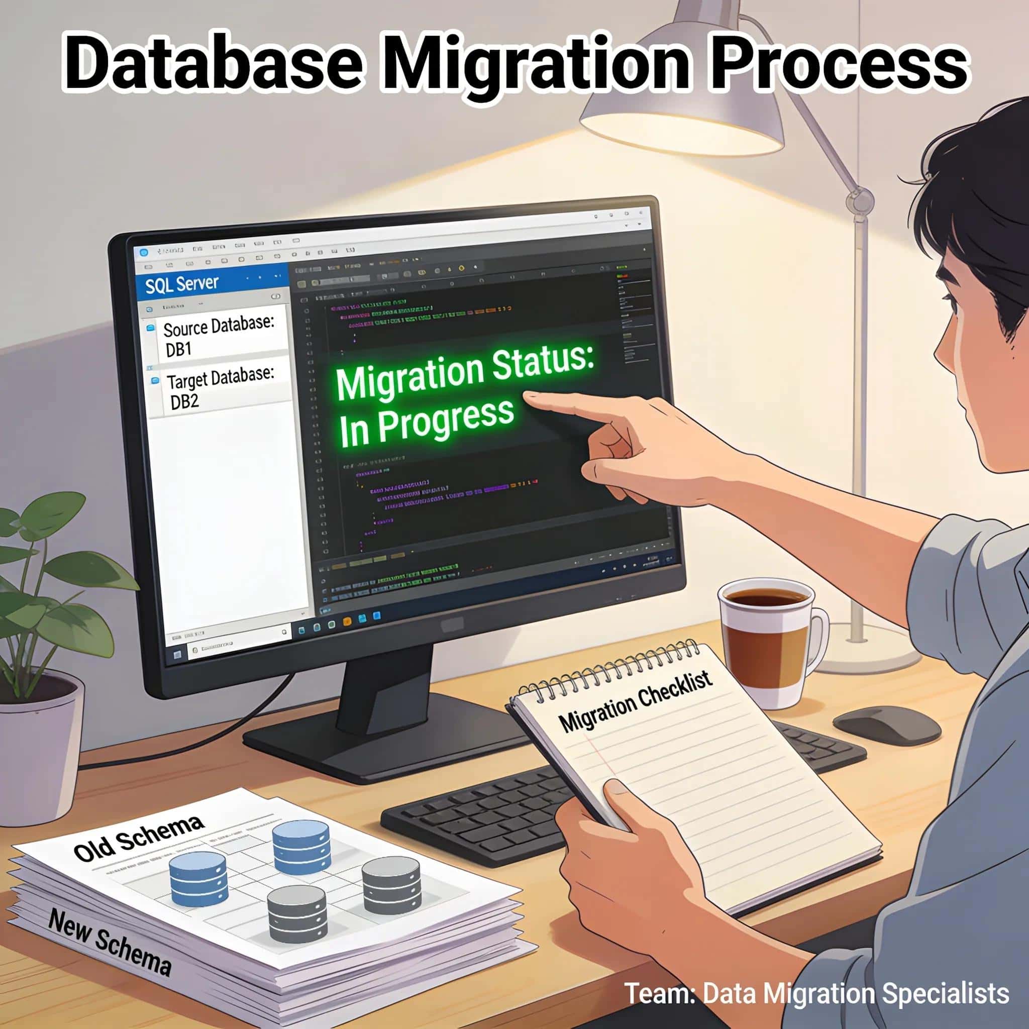 SQL Server database migration process with checklist and status in progress