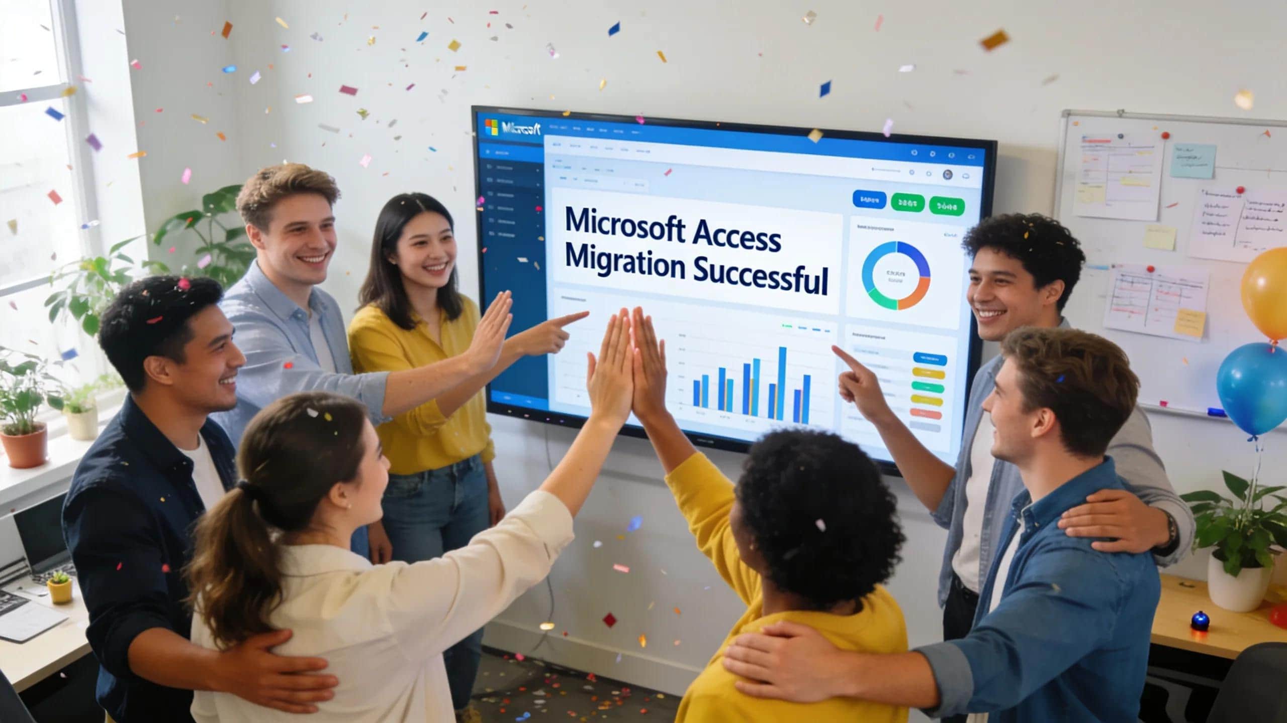 Celebration of a successful Microsoft Access migration project with a team in an office setting