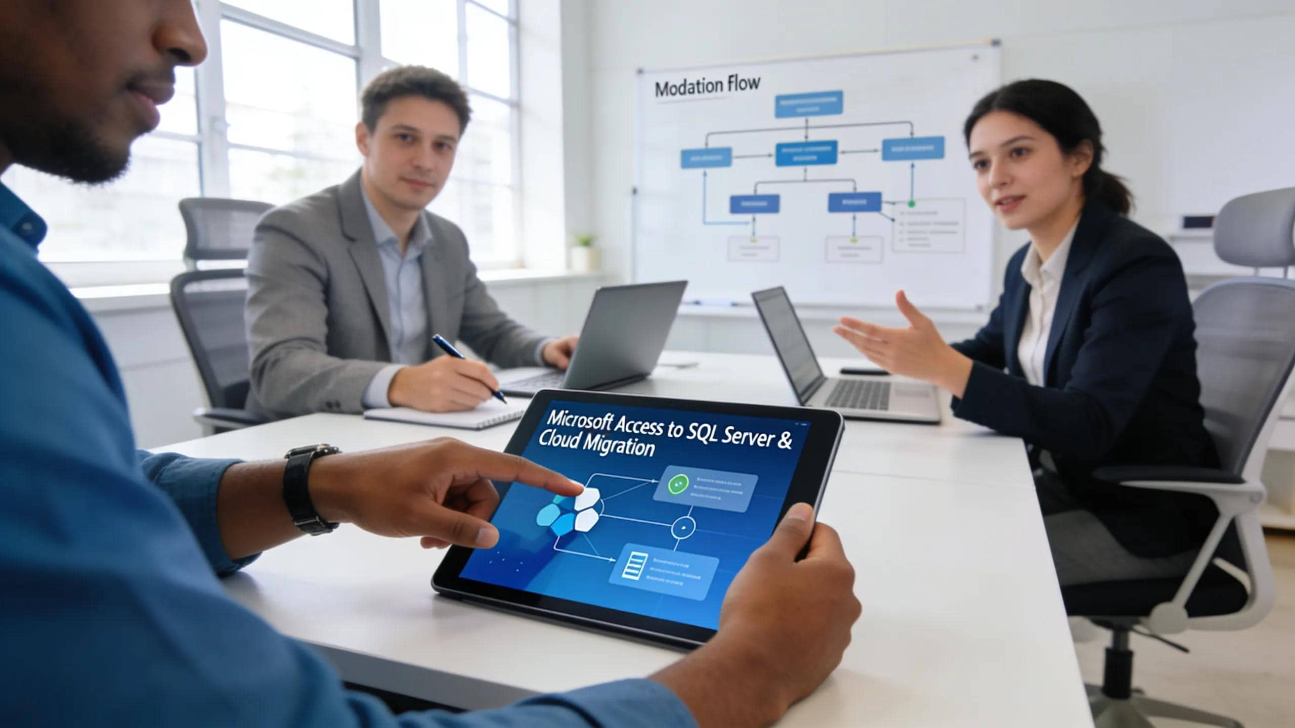Professionals discussing Microsoft Access migration strategies, focusing on SQL Server and cloud integration